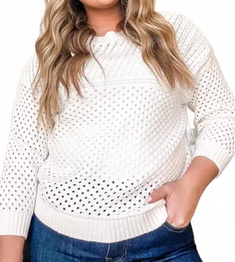 Tribal 3/4 Sleeve Open Stitch Sweater In White