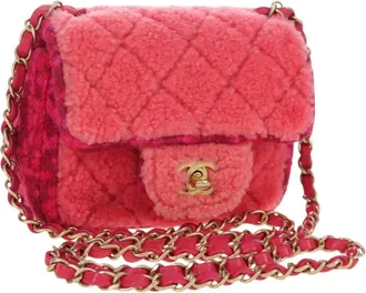 Chanel Vintage Square Classic Single Flap Quilted Shearling And Tweed Pink Canvas Handbag (Pre-Owned)