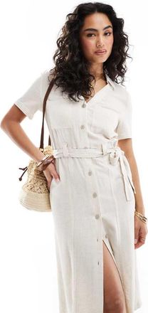 Only Vestito camicia in misto lino color crema allacciato in vita-Bianco