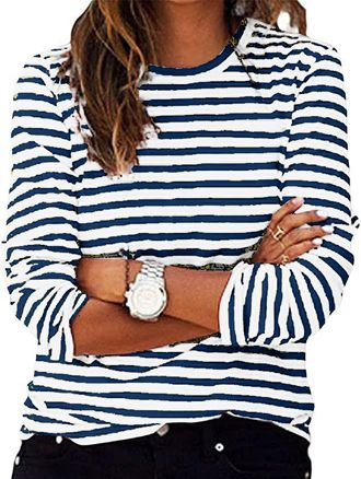Generic Casual Long Sleeve Striped Tops for Women UK Plus Size Crewneck Colorblock Tunic Tops Cotton Lightweight Thin Jumper with Side Split White Green Blue 