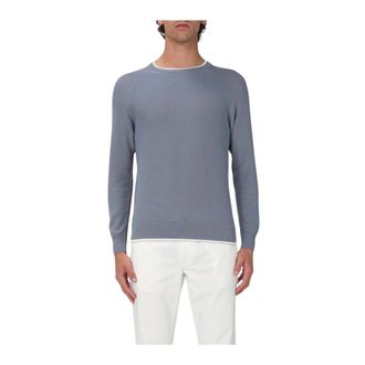 Eleventy Round-neck Knitwear, male, Blue, Size: M Cotton Crew Neck Knit Sweater