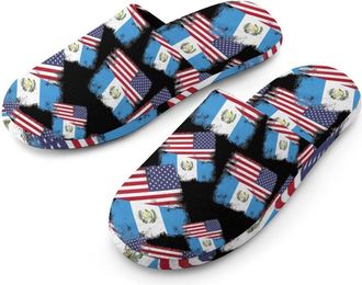 Generic Guatemala And U.S. Flag Flannel Mens Slip-on Slippers Winter Warm House Shoes with Rubber Sole for Home Hotel