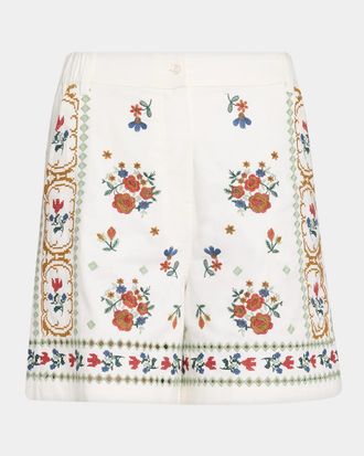 Max Mara Wide-Leg Embroidered Cotton Twill Shorts
