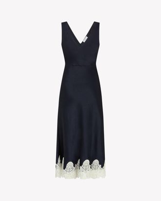 Serena Bute Satin Midi Dress with Lace Hem - Navy Blue