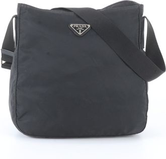Prada Black Leather Nylon Messenger Bag Shoulder Bag (Pre-Owned)