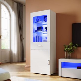 Elegant Lighting 165cm Display Cabinet Multicolour led Lights Sideboard Living Room Cabinet with Slow Close Hinges Door & Drawer White High Gloss Fronts - Elegant