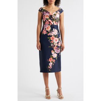 Eliza J Floral Print Scuba Sheath Dress in Navy at Nordstrom Rack, Size 4