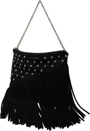 La Carrie Fringe-Embellished Black Shoulder Bag With Silver Chain Strap