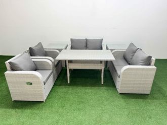 Fimous 6 Seater Outdoor Reclining Chair Love Sofa Set Rattan Garden Furniture Set with Rectangular Dining Table 2 Side Tables Light Grey