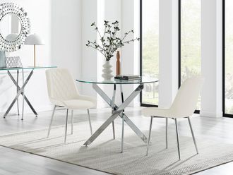 Furniturebox Novara 100cm Round Dining Table & 2 Pesaro Silver Leg Chairs in Cream