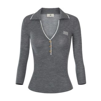 Elisabetta Franchi Ribgebreide poloshirt - Dames - Truien - Grijs - Maat: S Wol