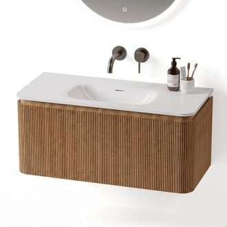 Royal Plaza Terra Edge Badkamermeubelset - 100x45.5x46cm - keramische wastafel wit glans - 1 wasbak - zonder kraangaten - 2 lades - sandwood (licht eiken)