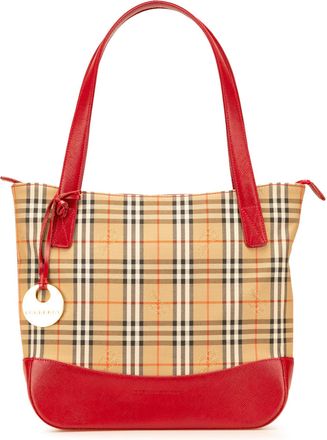 Burberry Pre-owned Womens Plaid Tote Red Leather Trim - Beige Textile - One Size