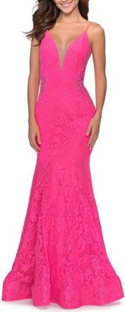 La Femme Long Mermaid Lace Dress with Back Rhinestone Detail in Neon Pink at Nordstrom, Size 10