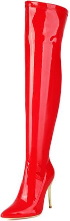 Generic Red,9.5 UK,Womens Patent Leather PU Thigh High Boots Pointy Toe Side Zippe Stiletto High Heel Over The Knee Boot Party Club Dress Shoes