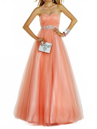 Alyce Paris Strapless Beaded Waist Tulle Gown In L Coral