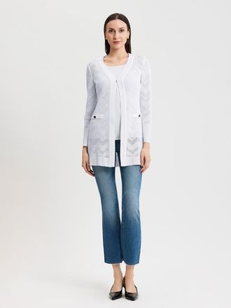 Misook Heritage Pointelle Braided Trim Knit Cardigan in New Ivory at Nordstrom, Size Large