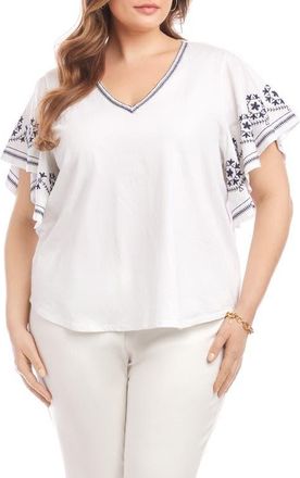 Karen Kane Embroidered Flutter Sleeve Organic Cotton Top in Off White at Nordstrom, Size 2X