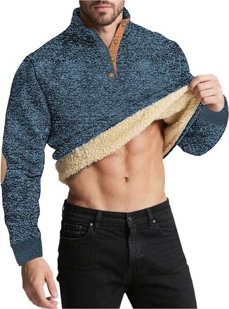 Generic Mens Fleece Lined Jumpers Half Zip Thermal Jumper Heavyweight Crewneck Long Sleeve Winter Warm Pullover Sweatshirt Pockets, Z01-Blue, XXL
