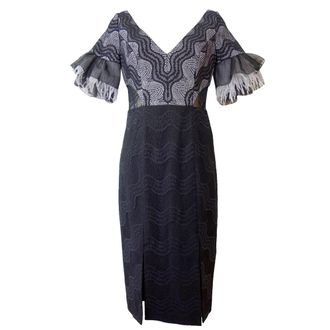 Three Floor Feather Trimmed Stretch Fitted Dress Size XS