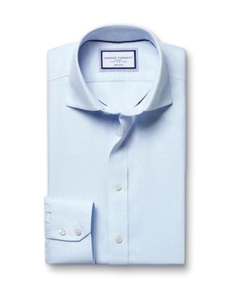 CHARLES TYRWHITT Cutaway Collar Non-Iron Stretch Kensington Weave Cotton Formal Shirt - Light Blue Double Cuff Size 17.5/35 by Charles Tyrwhitt