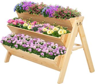 OUTSUNNY 3 Tier Wooden Garden Raised Bed Plant Bed with Clapboard and Hooks