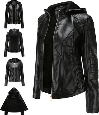 Generic Leather Jacket for Women UK Ladies Hooded Faux Leather Jacket Warm Fur-Lined Winter Coat Full Zip Up Front Plain Cardigan Slim Fit Casual Motorcycle O