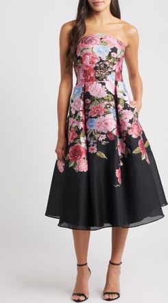 Eliza J Pleated Strapless Jacquard Cocktail Dress in Black Multi at Nordstrom, Size 10