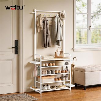 Woltu Woltu Perchero 4 En 1 Con Zapatero, 9 Ganchos Dobles, 4 Bandejas Laterales Extra&iacute;bles, Roble Claro + Blanco