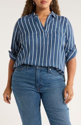 Universal Standard Button Back Stripe Johnny Collar Popover Shirt in Ensign Blue Stripe at Nordstrom Rack, Size Xl (26W-28W)