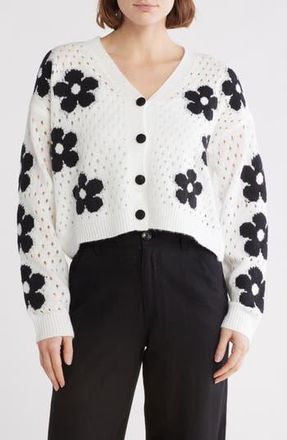 Forgotten Grace Floral Open Stitch Cardigan in Ivory/Black at Nordstrom Rack, Size Medium