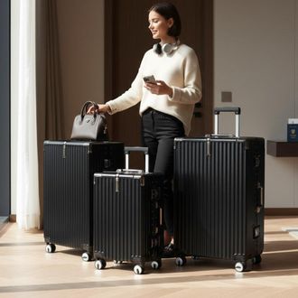 Infinity Leather Black Hardshell Dual 4 Wheel ABS Bagagetrolley Hard Shell Cabin Koffer Set