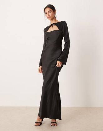 Asos Vestito lungo a maniche lunghe in raso nero