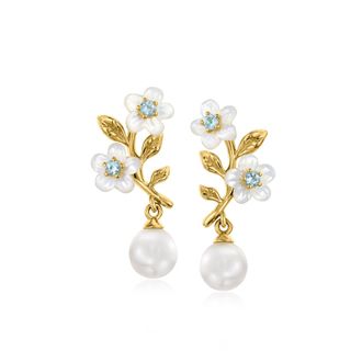 Ross-Simons Mother-Of-Pearl and 6-6.5mm Cultured Pearl Floral Drop Earrings With. Swiss Blue Topaz in 18kt Gold Over Sterling