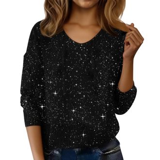 Generic Sparkly Tops for Women UK, Sequin Print 3/4 Sleeve Blouse, Crewneck Pullover Glitter Knitted Sweater Spring Plus Size Undershirt Loose Classic Jumpers