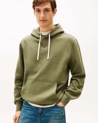 Tommy Hilfiger Mens Essential Flag Embroidery Fleece Hoodie in Khaki Cotton - Size X-Large