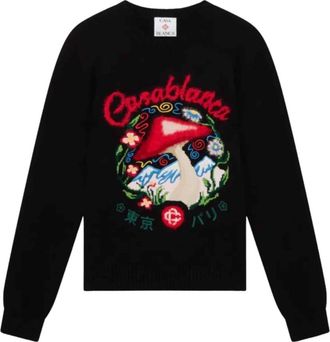 Casablanca Round-neck Knitwear, male, Black, Size: M Pull Brod&eacute; Champignon
