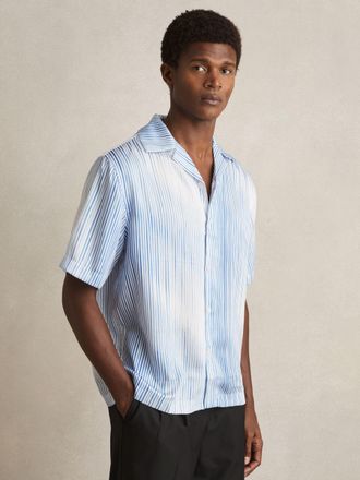 Reiss Soft Blue & white Faded-stripe Cuban-collar Shirt, M