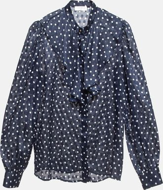 Sandro Navy Blue Metallic Thread Polka Dot Chiffon Shirt