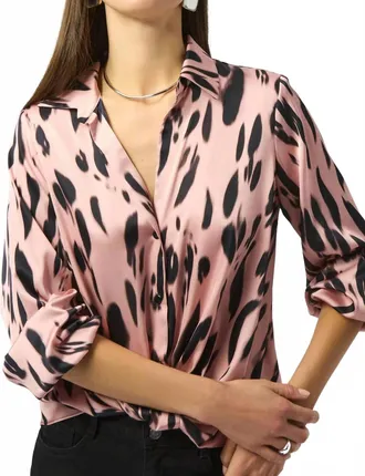 Joseph Ribkoff Satin Animal Print Draped Top In Pink/black
