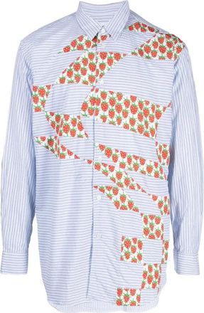 Comme Des Garçons Casual Shirts, male, Blue, M, Striped Patchwork Strawberry Shirt