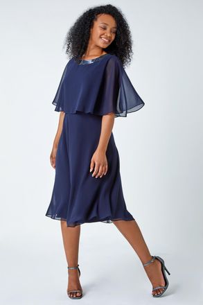 Roman Sequin Trim Chiffon Cape Dress