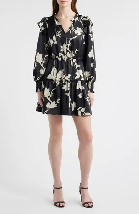 Chelsea28 Floral Long Sleeve Tiered Chiffon Minidress in Black- Ivory Toile at Nordstrom, Size Xx-Small