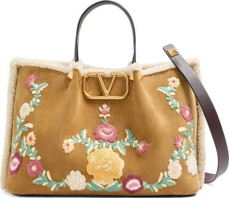 Valentino Garavani medium VLogo-signature floral-embroidered suede tote bag - women - Suede/Brass/Sheepskin - One Size - Neutrals