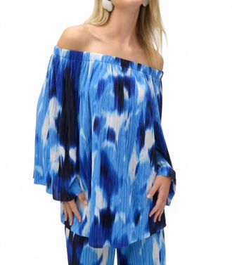 Joseph Ribkoff Pleated Novelty Tropical Print Off-Shoulder Top In Blue/vanilla