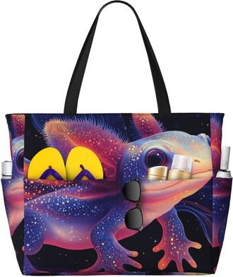 Generic Colorful Axolotl Print Large Beach Bag Foldable Travel Shoulder Tote Bag With Pocket For Weekender Pool Vacation