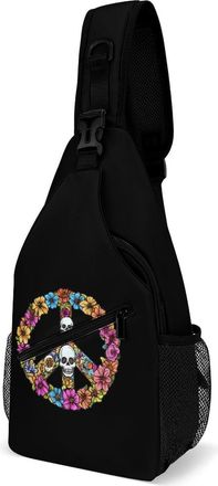 Generic Peace Symbol with Flowers Skull Mens Crossbody Chest Sling Bag for Travel Hiking Lightweight Shoulder Bags with Small Side