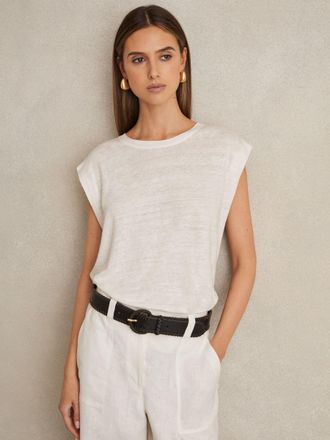 Reiss White Linen Cap-sleeve T-shirt, M