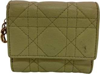 Dior Lady Dior Beige Leather Wallet (Tri-Fold) (Pre-Owned)