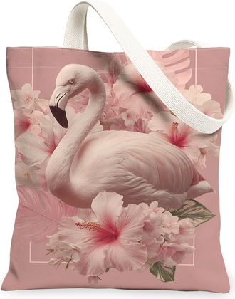 Generic Tropical Bird Floral Canvas Tote Bags, Tropical Flower Pattern Reusable Grocery Bags, Summer Vintage Lightweight Washable T, Peach, 13x15 Inch
